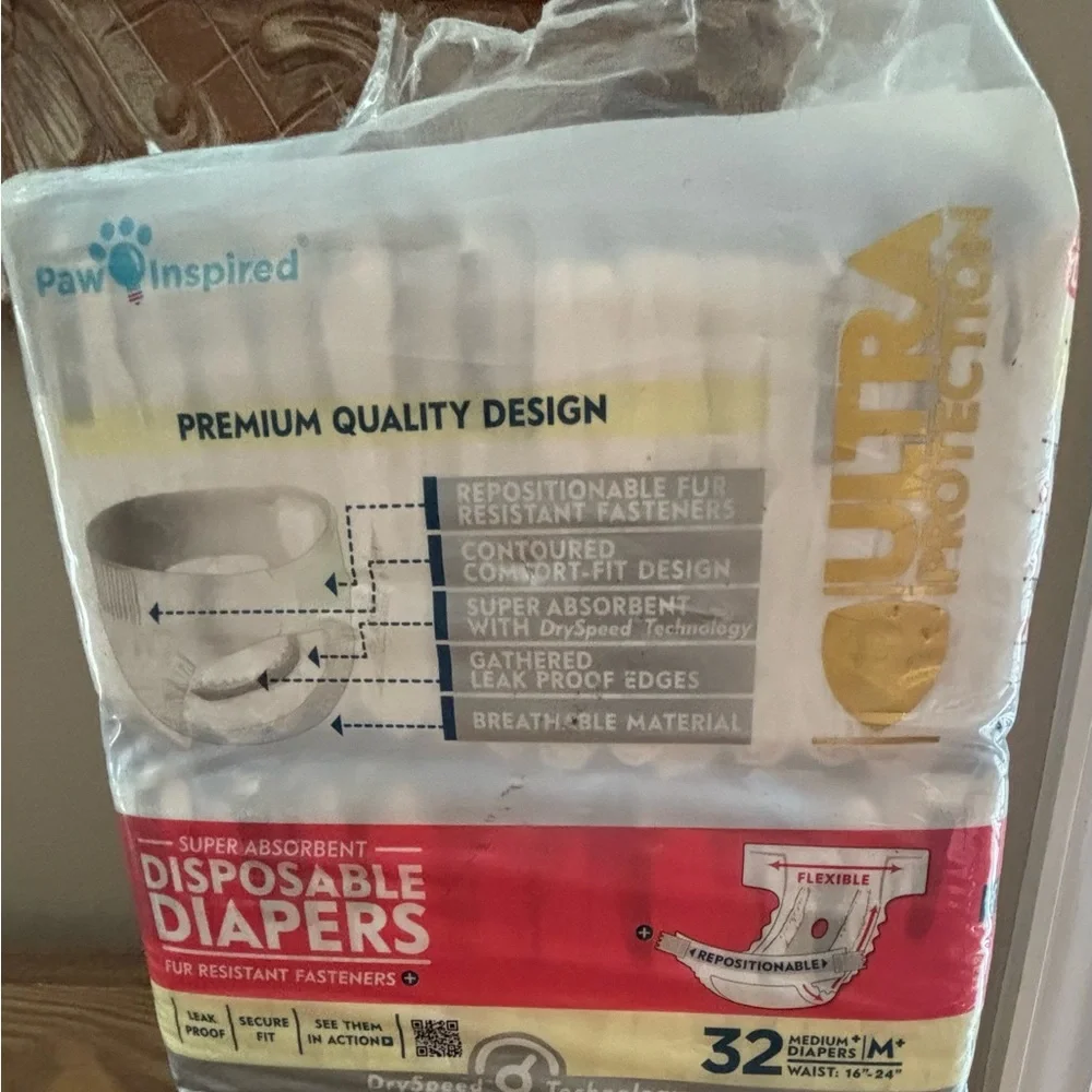 New Disposable Female Dog Diapers Ultra Protection 32 Pack Sz M 16-24” Waist